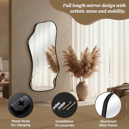 Image of Bathroom Mirrors for Over Sink-Horizontal or Vertical Hanging 47.2 inchx21.6 inch Black Asymmetrical Wavy Aluminum Frame Decorative Full Body Mirror for Living Room,Bedroom,Cloakroom,Entryway