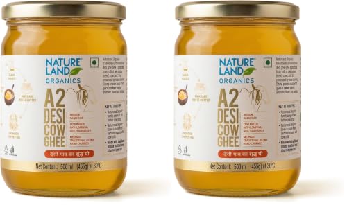 Image of NATURELAND ORGANICS A2 Desi Cow Ghee 500 ml | Traditional Bilona Method (Pack of 2)