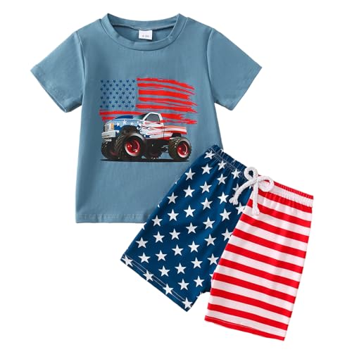 Image of Toddler Boy 4th of July Outfit Short Sleeve T-shirt + American Flag Shorts Independence Day Clothes