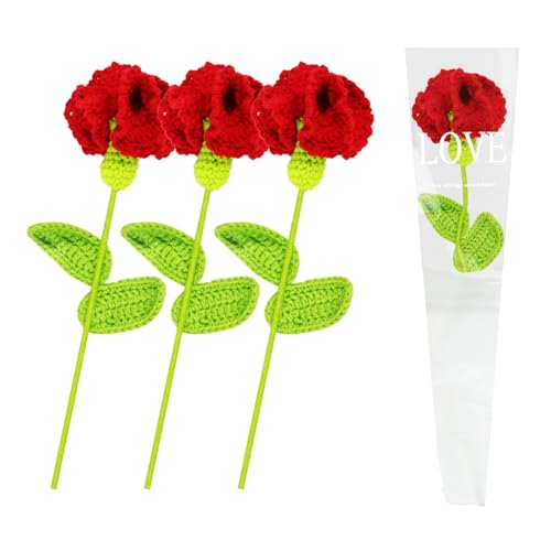 seimeinoki カーネーション 造花 赤色 毛糸の花 4輪 母の日ギフト 長さ42cm かぎ針編み 完成品 フェイクフラワー 枯れない花 おしゃれ 人工観葉植物 手編み 花束 糸手編みブーケ インテリア飾り 誕生日 記念日 プレゼント 包装袋付き