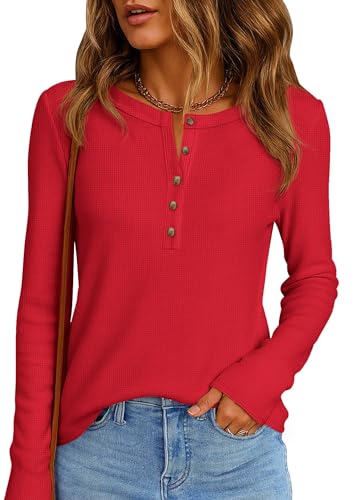 Image of PRETTYGARDEN Women's Long Sleeve Waffle Knit Henley Shirts Loose Tunic Tops