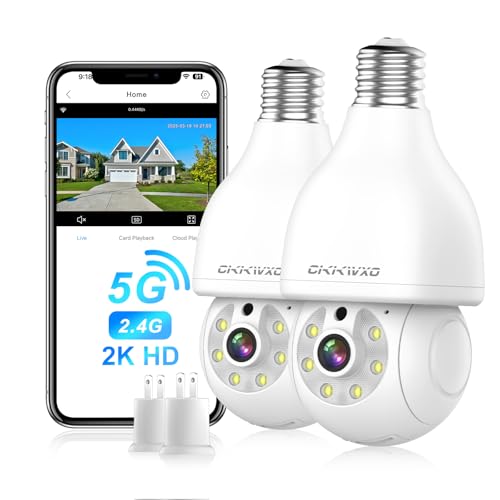 CiKiKWXO 2K 3MP Bombilla Camara Vigilancia WiFi Interior/Exterior (2.4/5 GHz) con Visión Nocturna en Color, Detección de Movimiento, Audio Bidireccional, Alexa, E27 Estándar (Pack2)