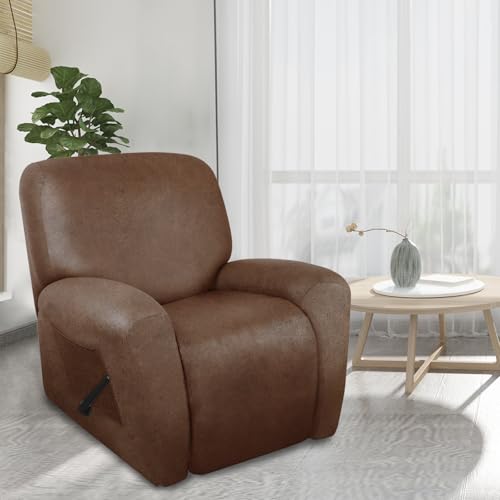 Image of ANARACHON Recliner Chair Covers Leather Like, 4 Pieces Recliner Cover, Furniture Protector - Washable Soft Sofa Slipcover for Pets Kids (Brown)