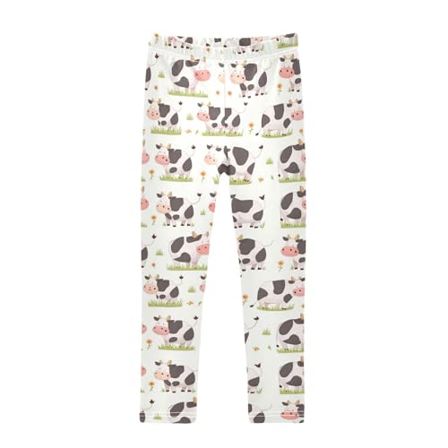 Wusikd Cute Cartoon Cow Girls' Leggings Toddler Doodles Stripes Grass Kids Yoga Pants Dance Active Tights 4T