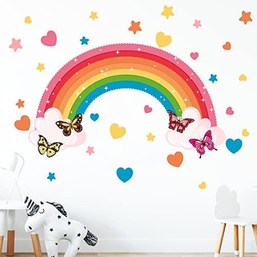 Hianjoo Rainbow Wall Stickers Colorful Heart Star Clouds Butterflies Wall Stickers for Kids Girls Nursery Bedroom Living Room Wall Decals Peel and Stick Removable Decor Home Art Decoration