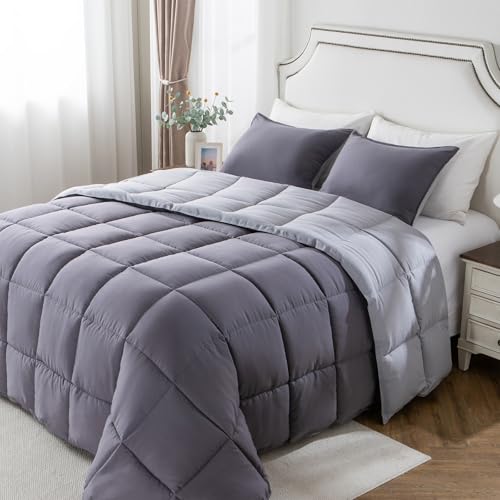 Image of KASENTEX Queen Comforter Set - Reversible Dual Color - Goose Down Alternative - Ultra-Soft, Lightweight, Machine Washable, Maintain Fluffiness, All Season Warmth (Quartz Silver /Pebble Grey) | 250 GSM Fill, Ultra-Soft, Lightweight, Machine Washable, 1 Comforter + 2 Pillow Shams, Quartz Silver /Pebble Grey