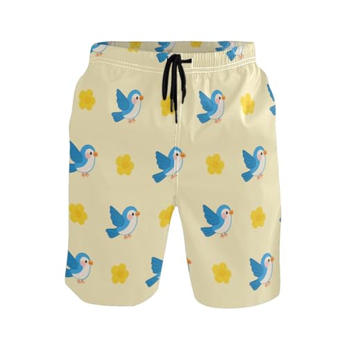 Cute Bird Flowers Floral Yellow Mens Swim Trunks Quick Dry Beach Shorts with Pocket S 23022412
