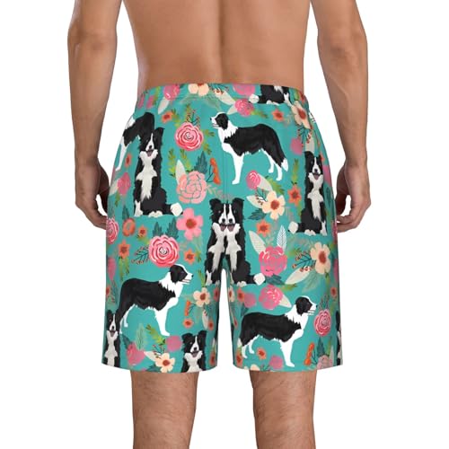 Border Collie Florals Men's Swim Trunks Quick Dry Board Shorts with Pockets Casual Drawstring Beach Shorts3