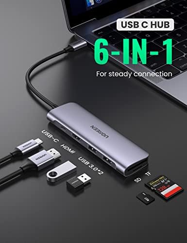 UGREEN USB C Hub HDMI 6-IN-1 Type C Hub with 100W Power Delivery Charging, 2USB 3.0 Ports, TF/SD Card Reader, Compatible with Macbook Pro/Macbook Air 2021, XPS, iPad Pro 2021/2010