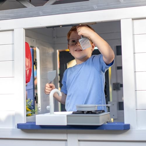 Teamson Kids Wooden Playhouse Wendy House with Rainbow Shade, Interactive Kitchen, Working Doorbell, Mailbox & Outdoor Bench, White