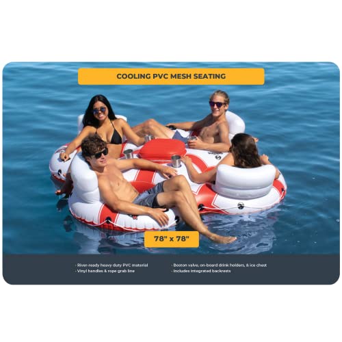 Solstice Super Chill Inflatable River Raft Float Tube 4 Person With Cupholders, Cooler, Mesh Bottom, Backrest, Grab Handles Tie On Rope | For Rivers Lake Ocean Pool Floating Snow Heavy Duty Material #TOP3