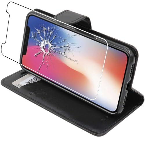 ebestStar - Cover Compatibile con iPhone X, iPhone XS Custodia Portafoglio Pelle PU Protezione Libro Flip, Nero + Pellicola Vetro Temperato [Apparecchio: 143.6 x 70.9 x 7.7mm, 5.8'']