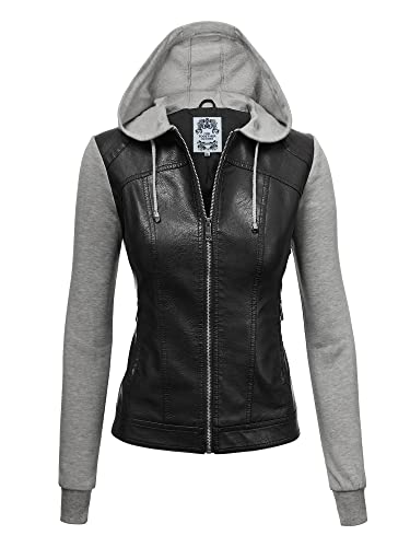 Women's Faux Leather Motorcyle Biker Jacket with Removable Hoodie