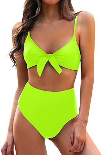 Blooming Jelly Womens High Waisted Bikini Set Tie Knot High Rise Two Piece Swimsuits Bathing Suits (Medium, Neon Green)