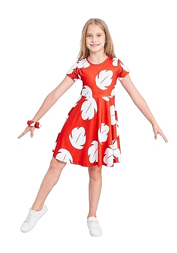Girls Red Princess Leaf Lilo Dress Short Sleeve Hawaiian Costume for Girls Birthday Outfit Halloween Party Wear 6-7 Years (120)