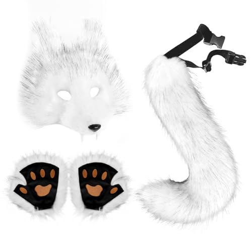 WanwanHut Furry Fox Wolf Cosplay Costume Accessories Set - Plush Mask Wearable Tail & Paw Gloves for Halloween Party Role Play Dress Up