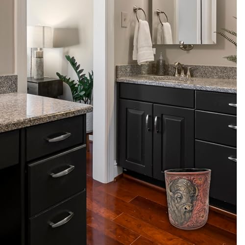 Image of BestGiftEver Faux Tooled Leather Trash Bin with Bison Bust Accent - Southwest Decorative Resin Wastebasket - Ideal for Ranch Farmhouse Enthusiasts