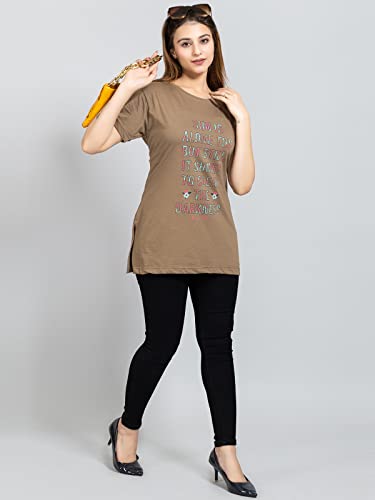 Image of Magknit Fancy Printed Both Side Cut Cotton Blend Half Sleeves and Lightwiegt Trendy Summer Long T Shirt for Women