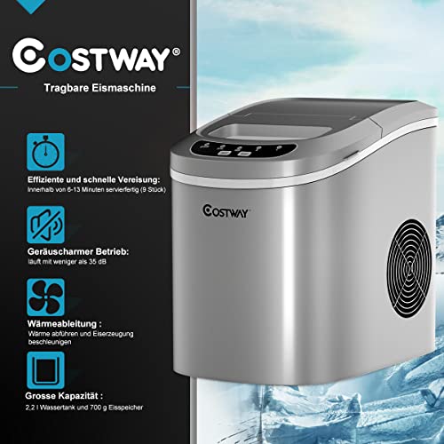 COSTWAY Eiswürfelmaschine 12KG/24H, Ice Maker 9 Eiswürfel in 6-13min, Eismaschine 2,2L Wassertank, Eiswürfelbereiter 2 Eiswürfelgrößen inkl. Schaufel, 25x36x33cm (Silber) – Bild 6