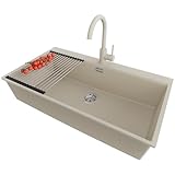 PRIMAGRAN Lavandino Angolare Beige 88x50cm, Lavello in Granito a 1 vasca + Rubinetto 32x20cm + Set di accessori, Lavabo da Cucina Incasso al Mobile 90cm - Oslo 90 Top S676