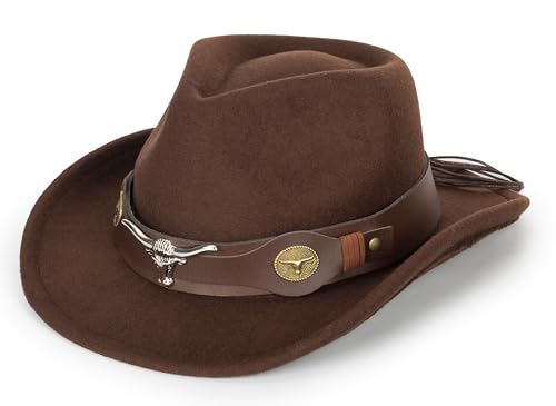 Western-Cowboy-Hat Classic Cowgirl-Hat for Kids Boys Girls Bull-Head Fedora for Party(4-8T) Brown