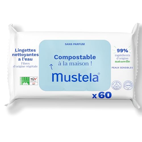 Mustela - Lingettes Nettoyantes à l'Eau - Lingettes Bébé Compostables - Visage, Mains, Siège - 99% ingrédients d'origine naturelle - Fibres d'origine...