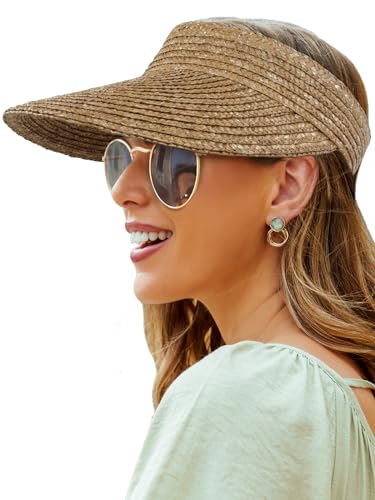 Visor Hats for Women Beach Hats UPF50+ Sun Visors Straw Hats for Women Hand Wowen Packable Sun Protection Hats Khaki
