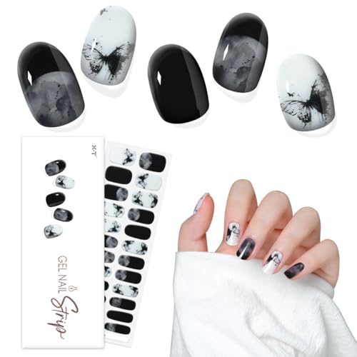 XT Semi Cured Gel Nail Strips 24 Pcs Gel Nail Art Design Stickers White Wraps Watreproof Work with UV/LED Light (Black Butterfly R09)