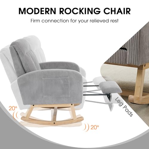 Image of NIOIIKIT Nursery Rocking Chair, Corduroy Upholstered Rocking Chair with Adjustable Footrest, Tufted Rocker Chair with Side Pocket, Glider Rocker for Living Room, Bedroom (Grey Comfy)