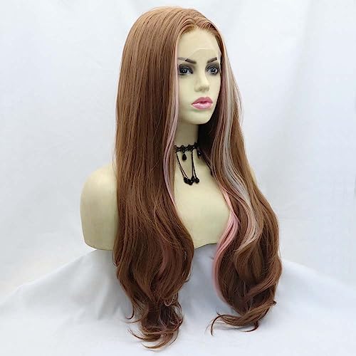 xiweiya Long Mixed Brown Wavy Wig Highlight Rose Pink With Blonde Brown Synthetic Lace Front Wigs with Heat Resistant Fiber for Women Drag Queen Makeup Everyday Wig 24 inches - Image 2