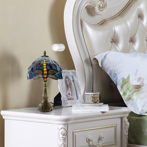 Kinbolas Tischlampe kleine im Tiffany Stil,Vintage Nachttischlampe,Schlafzimmer Fensterbank Deko Lampe,Jugendstil Tischleuchte,Blau Libellen Buntglas lampenschirm 20cm / 8 Zoll Mit LED E14 Birne