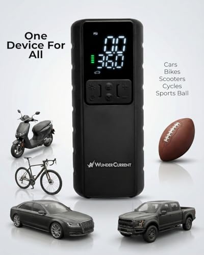 Image of Wundercurrent Air Tank Tyre Inflator & Power Bank - 150 PSI, 8000 mAh Lithium-ion Battery, Digital Display, Auto Shut-Off, LED Light, USB-C Rechargeable for Car, Bike & Sports Balls