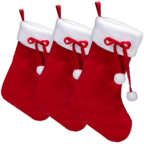 COM-FOUR® 3x Calza di Natale premium XL da riempire - Stivali di Babbo Natale da appendere - Decorazione natalizia con pompon - Calza Befana