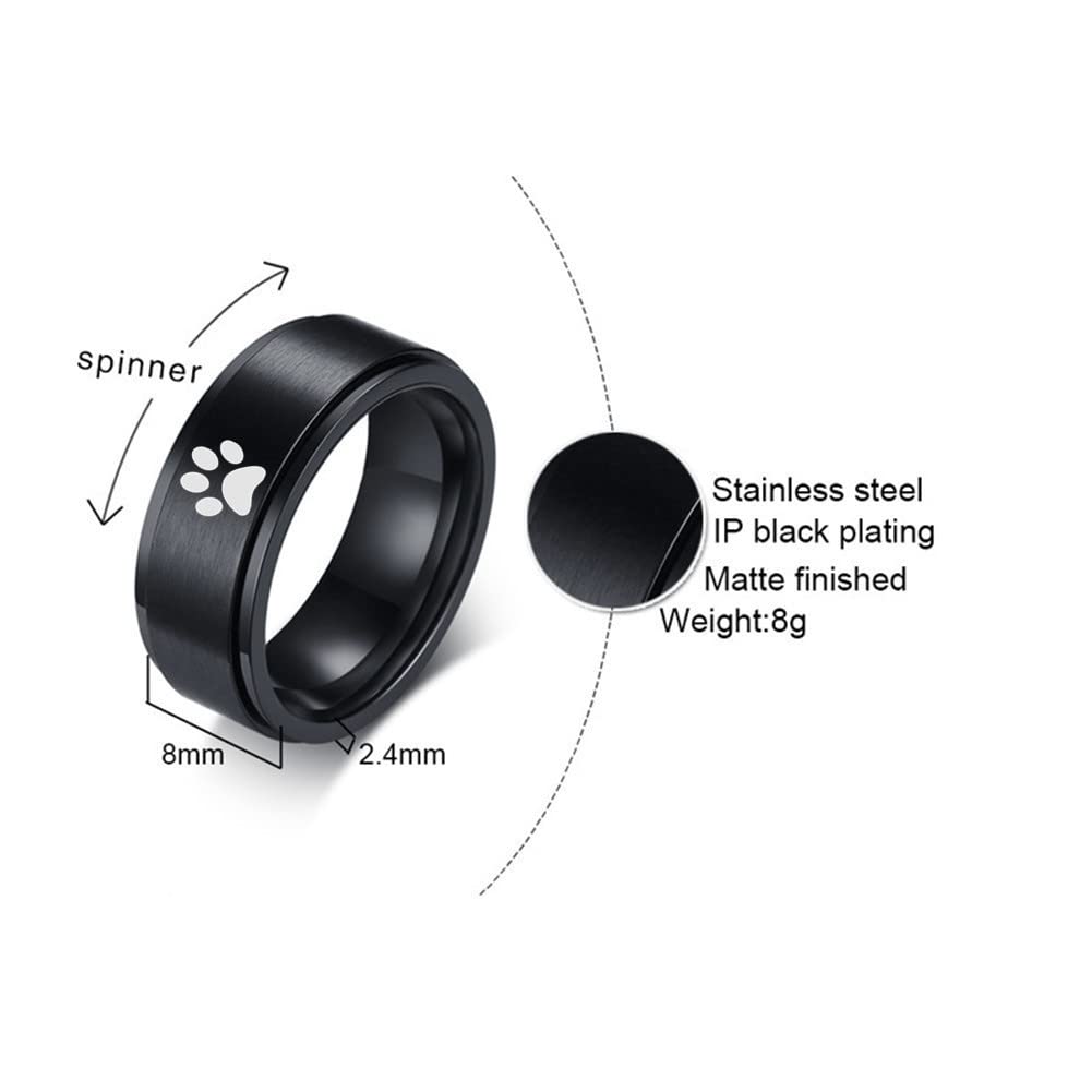 KBNSUIAN Personalized Dog Cat Name Engraved Memorial Pet Paw Spinner Ring Stainless Steel 8mm Fidget Anxiety Relief Band Ring, Pets Keepsake Jewelry Remembrance Gifts for Pet Loss, Size11,Black