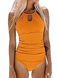 CUPSHE Damen Badeanzug mit Zierausschnitten Bauch Weg Bademode High Neck Shape Einteilige Strandmode Swimsuit Sunrise Orange L