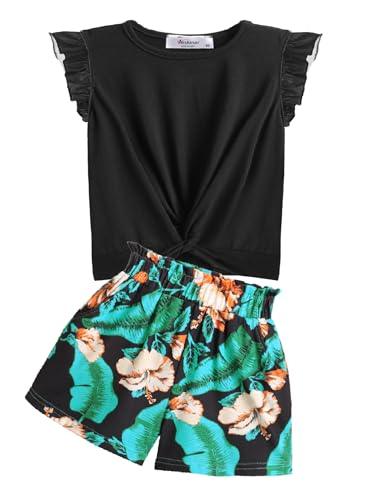Image of Arshiner Girls Shorts Sets 2 Pieces Outfits Twist Front Ruffle Sleeve T-Shirts and Shorts With Pockets Cute Clothes Sets