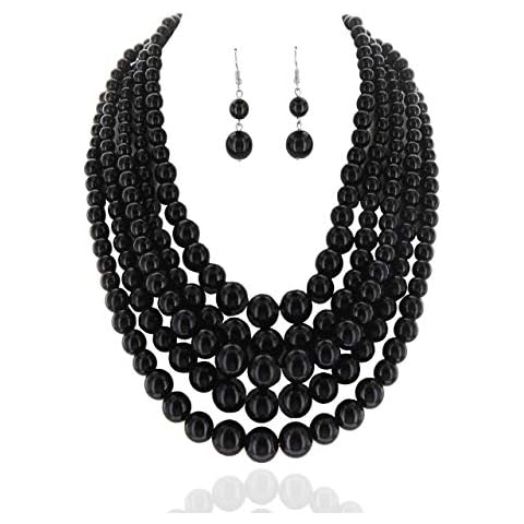 SP Sophia Collection Women's Glossy Pearl Polished Crossover Necklace & Earrings Set in Black Cover