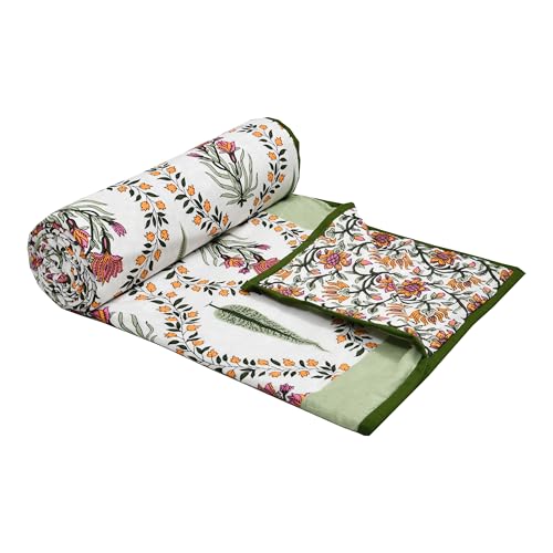 Image of BLOCKS OF INDIA Hand Block Printed Cotton Single Size Reversible Malmal Dohar for Summer (Green Patti)