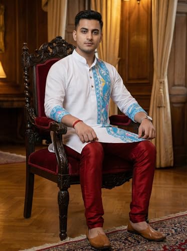 Image of Men's Jamdani Printed Kurta Pajama Set | Pure Cotton Ethnic Kurta with Mandarin Collar & Dupion Silk Pyjama | Festive & Weddings 303A12A 303SB12B(M XXL)