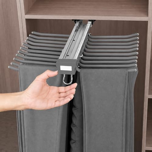 Image of ๐๐๐๐๐ Pull-Out Pants Rack Organizer for Wardrobe, 20 Rod Sliding Trouser Hanger for Closet, Heavy Duty Space Saving Jeans & Pants Holder with Smooth Slide Rail, Wardrobe Organizer - Grey
