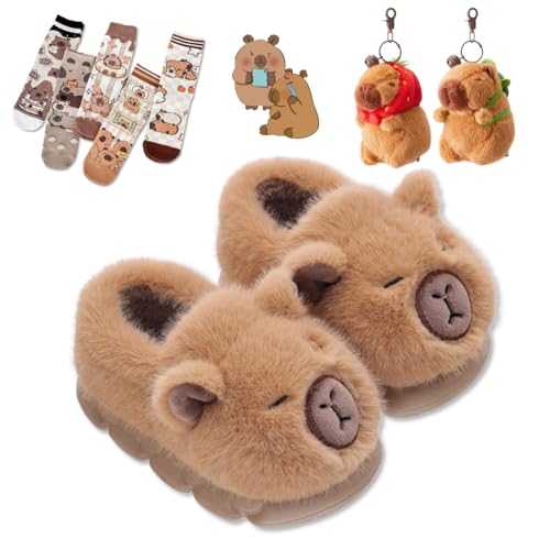 Cute Capybara Slippers for Women Girls Daughters - 2 Keychains & 5 Pairs of Socks Capybara Cartoon Pattern Christmas Gift Set, Fluffy House Slippers Warm Fuzzy Cotton Indoor Comfort Wear Slides