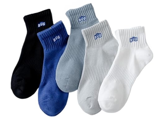 5 Pairs of Men's Ankle Socks, BUG Embroidered Socks, Breathable Cotton Sports Socks