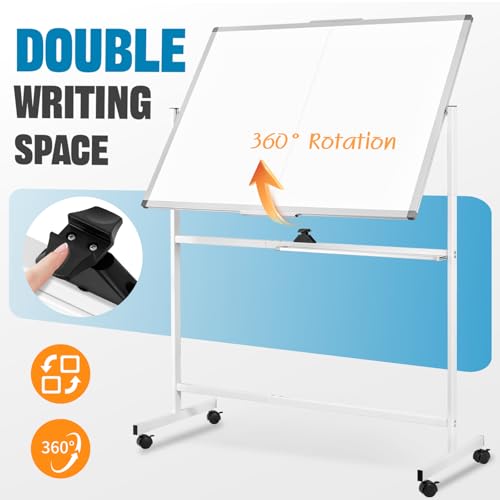 Image of Rolling Whiteboard on Wheels, 48 inch x 36 inch Standing Dry Erase Board | 4' x 3' Sturdy Double-Sided Magnetic White Board, Big Mobile Easel Whiteboard Office, Classroom, School