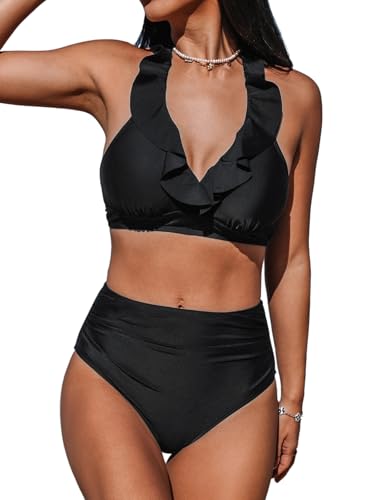 CUPSHE Women's Bikini Sets Two Piece Bathing Suit Tummy Control High Waisted Halter V Neck Ruffled Trim Ruched Swimwear, L Black