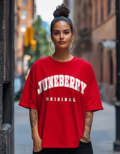 Image of JUNEBERRY Pure Cotton Oversized Drop Shoulder Brand Logo Typography Print Round-Neck Baggy Fit T-Shirt for Women (Available in Navy, Green & Pink Colors)