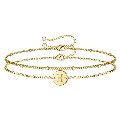 Jewlure (H) Women's Yellow Gold Initial Bracelet, Exquisite 14K Gold Plated Layered Bracelet, 26 Letter Round Piece Hand Jewelry, Gift for Women Cover