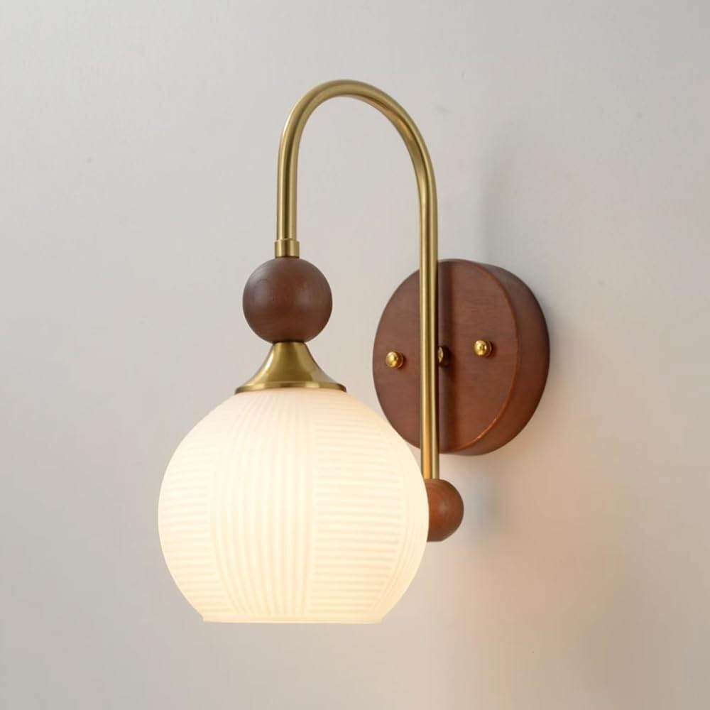 HUAYUSEDF Renter Friendly Wall Sconce Farmhouse White Milk Glass Light Fixture Gooseneck Vintage Mid Century Wood Rustic Bedroom Mounted Lamp for Bedside Living Room Hallway