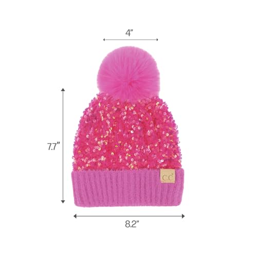 C.C Kids Sequin Fur Pom Beanie for Boys Girls - Comfortable Soft Warm Children Youth Knit Skully Hat with Faux Fur Pom4