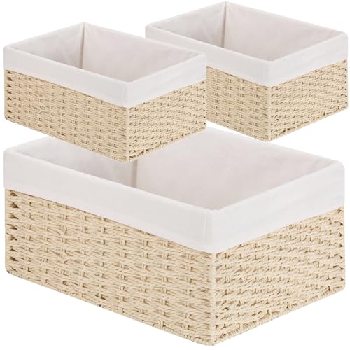 Vagusicc Wicker Basket, Set of 3 Hand-woven Storage Baskets for Organizing, Decorative Bathroom Wicker Storage Basket Bins with Handles, Small Toilet Paper Storage Baskets for Shelves & Decor, Beige