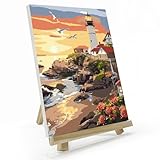 JOOZ Lighthouse Paint by Number for Adults, Paint by Numbers Kit for Adults with Frame, DIY Seaside Paint by Numbers Kits for Adults on Canvas, Sunset Oil Painting Kit for Home Wall Decor 8 x 12 in